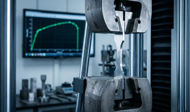 Professional laboratory setting for mechanical testing steel, featuring a tensile testing machine stretching a dog-bone specimen with a stress-strain curve monitor in the background.