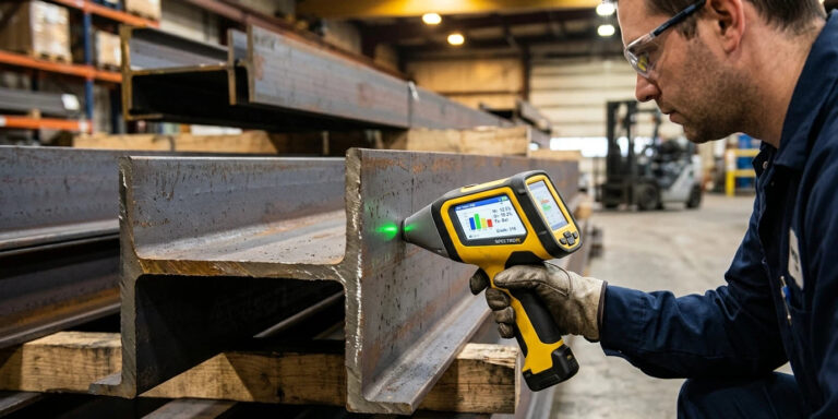 A quality control technician uses a handheld XRF analyzer metal device for on-site PMI Testing for Steel on a structural H-beam in a logistics warehouse, ensuring material mix-up prevention.