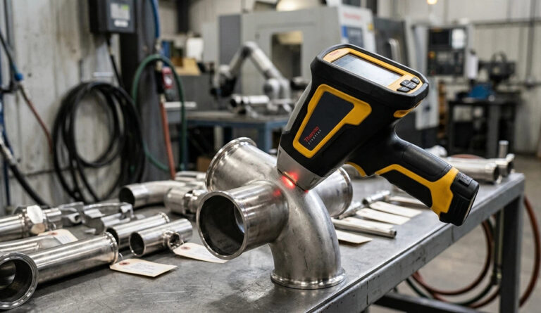 An industrial photograph of a portable handheld XRF analyzer instrument performs a non-destructive Positive Material Identification (PMI) test on a stainless steel pipe component as part of comprehensive steel testing services in an accredited independent metal lab.