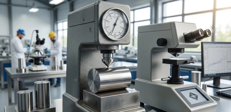 Comparison of Rockwell and Vickers steel hardness testing equipment in a professional metallurgy laboratory with polished steel specimens.
