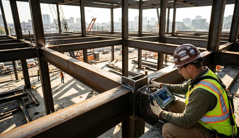 Professional inspector performing ultrasonic NDT on ASTM A36 steel I-beams at a North American construction site for structural compliance.