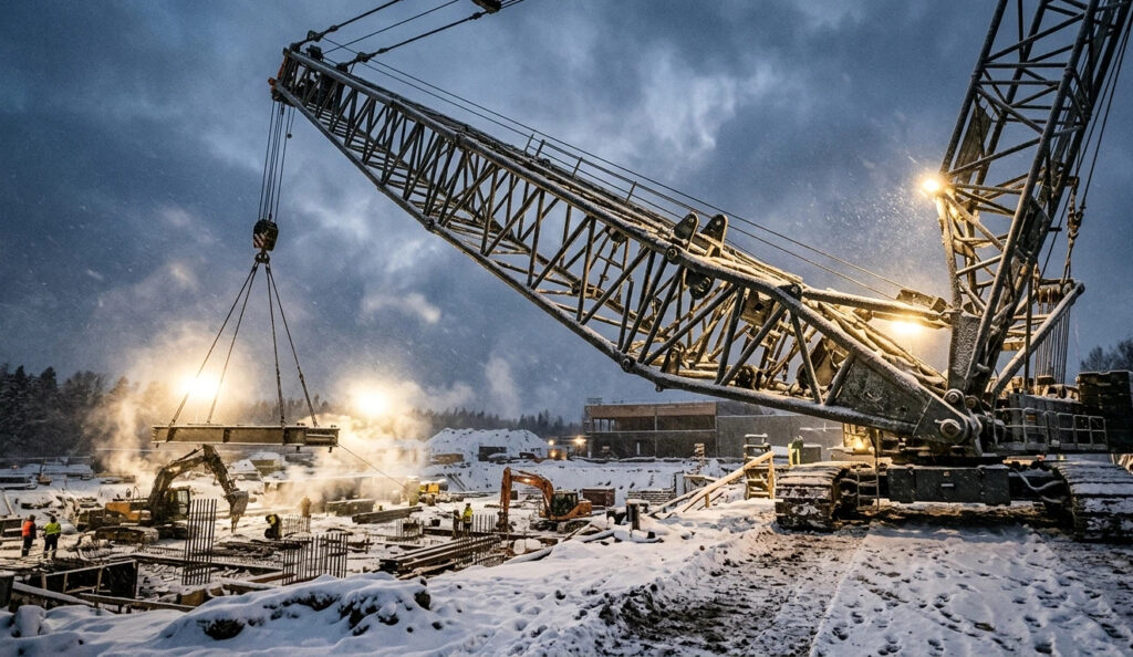 A heavy-duty lattice boom crane lifting steel structures at a snow-covered construction site, illustrating the importance of low temperature steel safety and S355 Charpy impact test verification.