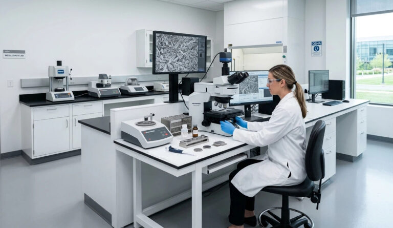 An expert technician performing Metallographic Analysis using a digital microscope in a high-end lab equipped with large panel cutting customized anti-vibration surfaces.