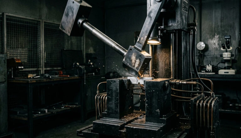 A professional Charpy impact testing machine's pendulum striking a notched steel specimen to measure S355 Charpy impact test energy and verify low temperature steel safety.
