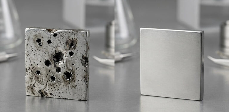 Microscopic comparison of stainless steel pitting corrosion. Left: SS304 showing failure after ASTM G48 pitting test; Right: SS316 with high Mo content remaining clean and uncorroded.
