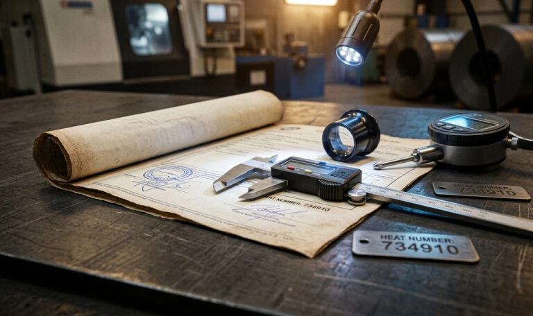 A detailed, hyper-realistic close-up photograph inside an industrial inspection lab, focusing on a paper Steel Mill Test Certificate. A professional caliper, a powerful magnifying loupe, and a metal hardness tester probe are validating the forged-style stamps and illegible signatures on the document. No legible text or logos are visible, emphasizing the process of MTC compliance and authenticity check. Industrial background is blurred.