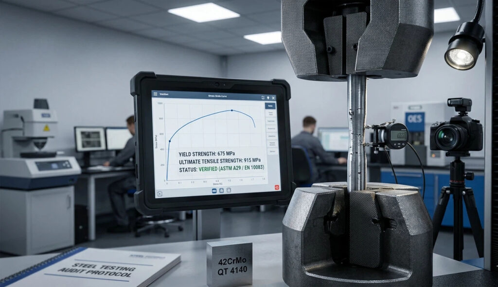 A technical close-up within a professional metallurgical lab, capturing the 'Tensile and Yield Audit' of a 42CrMo steel sample. A digital screen plots the real-time stress-strain curve, verifying mechanical properties. Key data points on the screen show: 'YIELD STRENGTH: 675 MPa', 'ULTIMATE TENSILE STRENGTH: 915 MPa', and 'STATUS: VERIFIED (ASTM A29 / EN 10083)'. In the background, other testing stations can be seen.