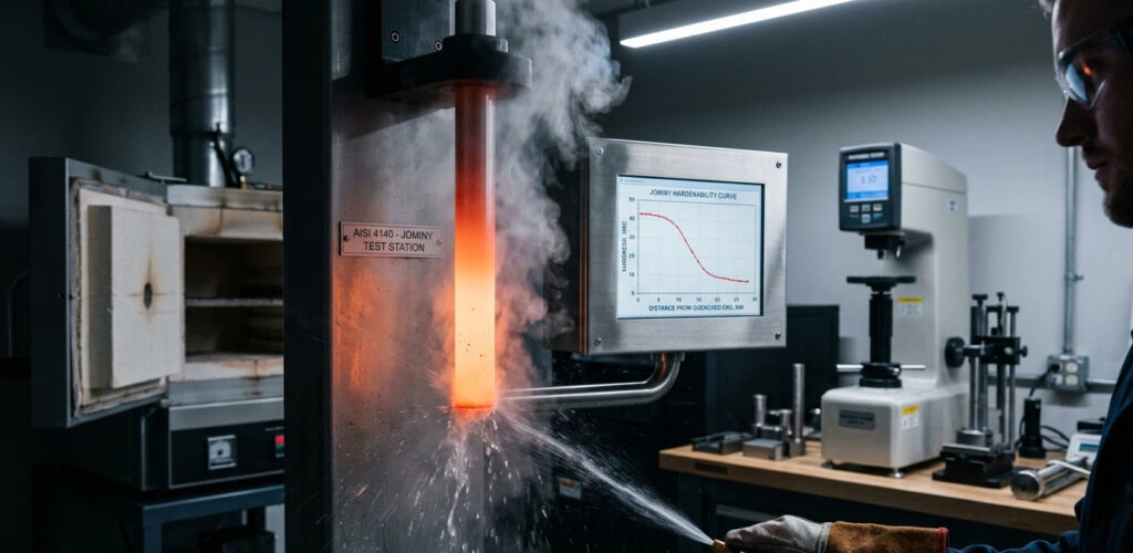 A dynamic close-up within a professional metallurgical lab, capturing the Jominy end-quench test of an AISI 4140 (42CrMo) sample according to ASTM A255. A glowing hot steel bar is being actively quenched by a water jet, generating a plume of steam. A digital screen on the right plots the real-time hardenability curve, with an etched label on the device reading: 'AISI 4140 - JOMINY TEST STATION'. On the background table, other hardness testers and test specimens are visible.