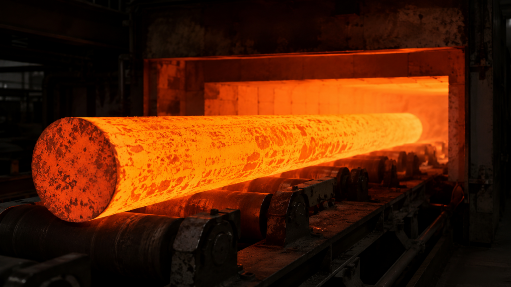 Glowing 42CrMo4 alloy steel bar inside an industrial heat treatment furnace at 850°C
