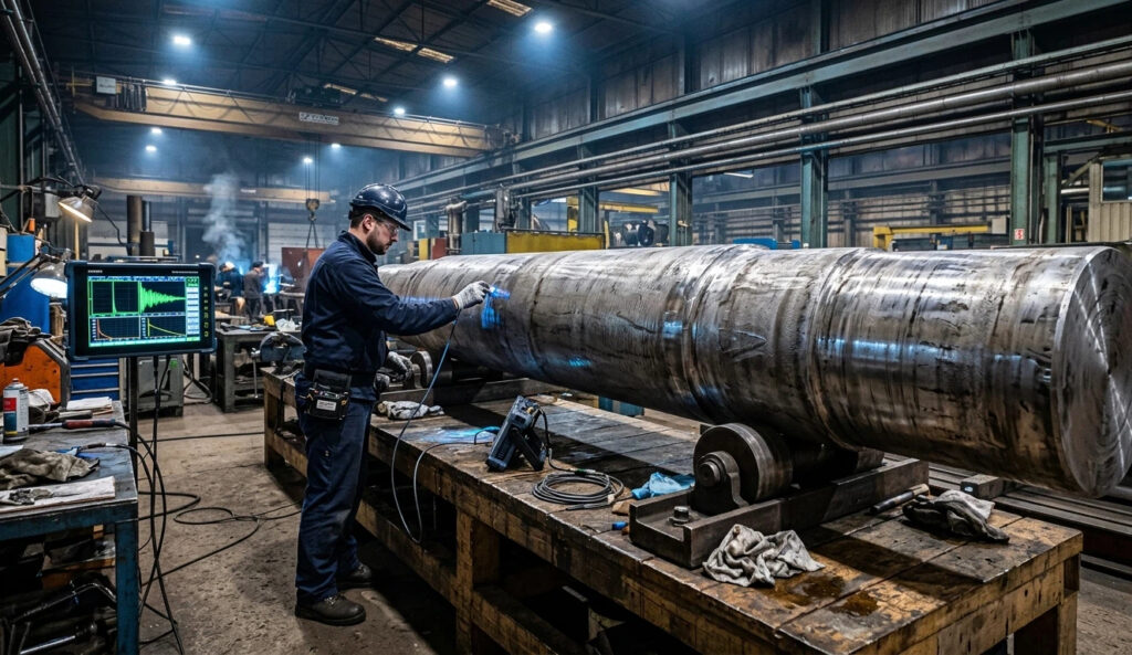 A technician performing ultrasonic NDT on a massive forged steel shaft, verifying internal integrity according to ASTM A388 standards using a digital oscilloscope.