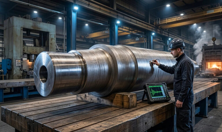 A certified NDT technician uses an ultrasonic probe to inspect a massive forged steel transmission shaft on a workbench, ensuring internal integrity and zero defects.