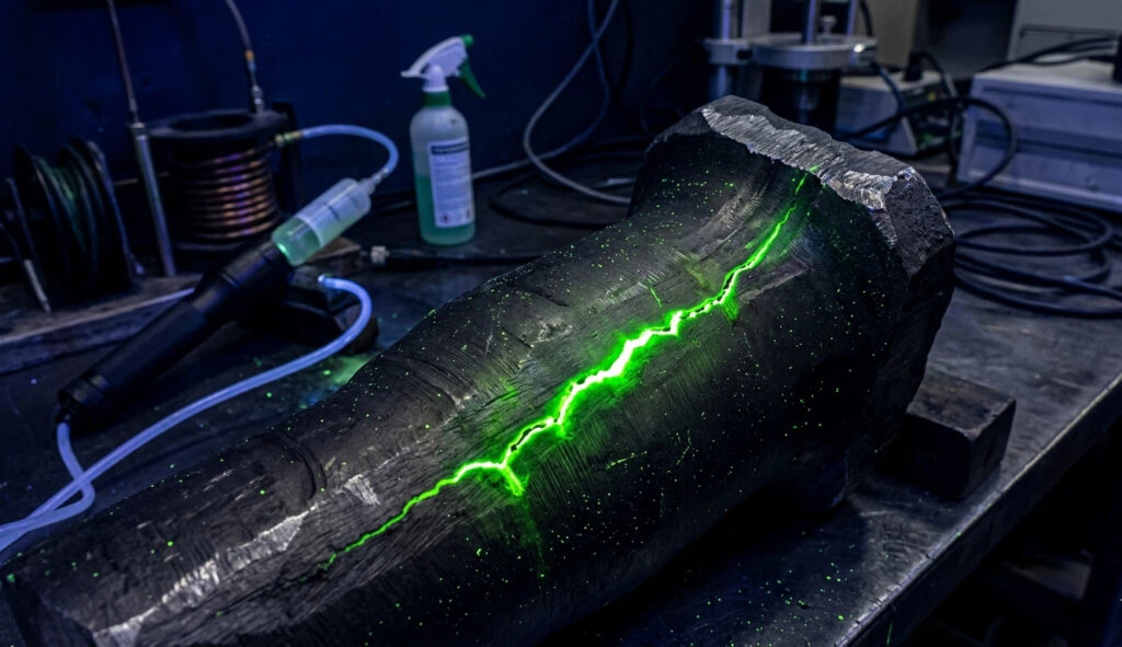 Close-up of a steel forging undergoing Magnetic Particle Inspection (MPI) under UV light, revealing a fluorescent green crack indicating surface fatigue.