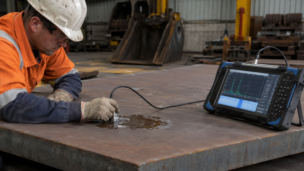 Ultrasonic testing on Hardox 500 steel plate for internal defect inspection