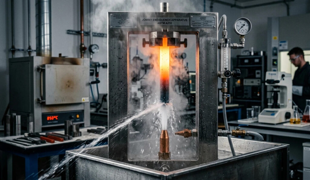 Technician conducting a Jominy end-quench test according to ASTM A255. A heated AISI 4140 steel bar is being quenched at one end by a water jet to determine hardenability gradients.