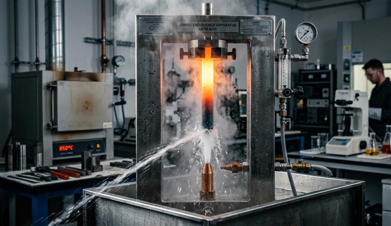 Jominy end-quench hardenability test in a laboratory setup.