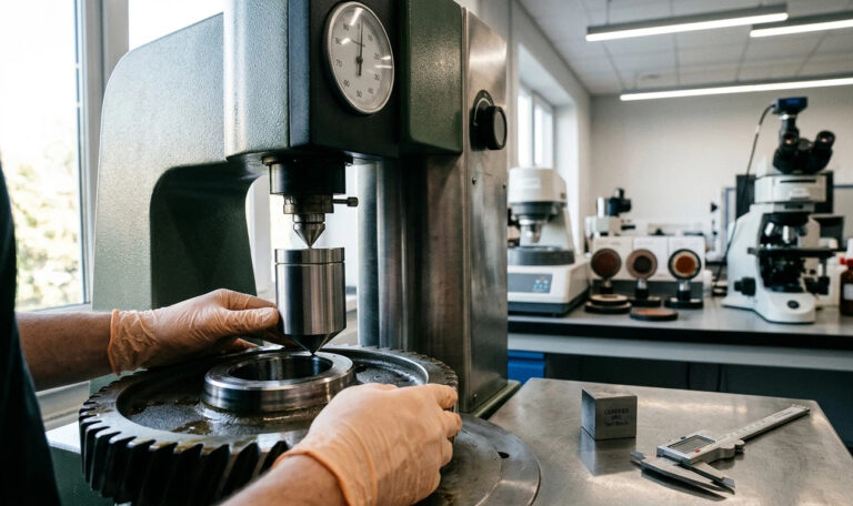 Professional technician performing an AISI 4140 hardness test on a heavy-duty automotive gear using a Rockwell hardness tester in a certified metallurgical lab.