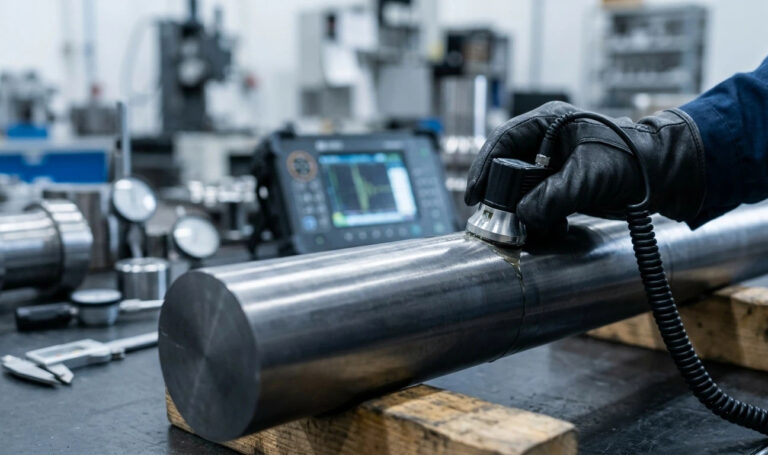 Professional technician performing SS316 hardness testing on high-strength stainless steel using a portable ultrasonic hardness tester in an industrial laboratory.