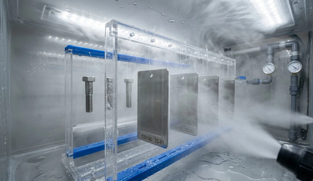 Interior view of a salt spray testing chamber performing ISO 9227 Neutral Salt Spray (NSS) test on SS316L stainless steel coupons and bolts to verify corrosion resistance.