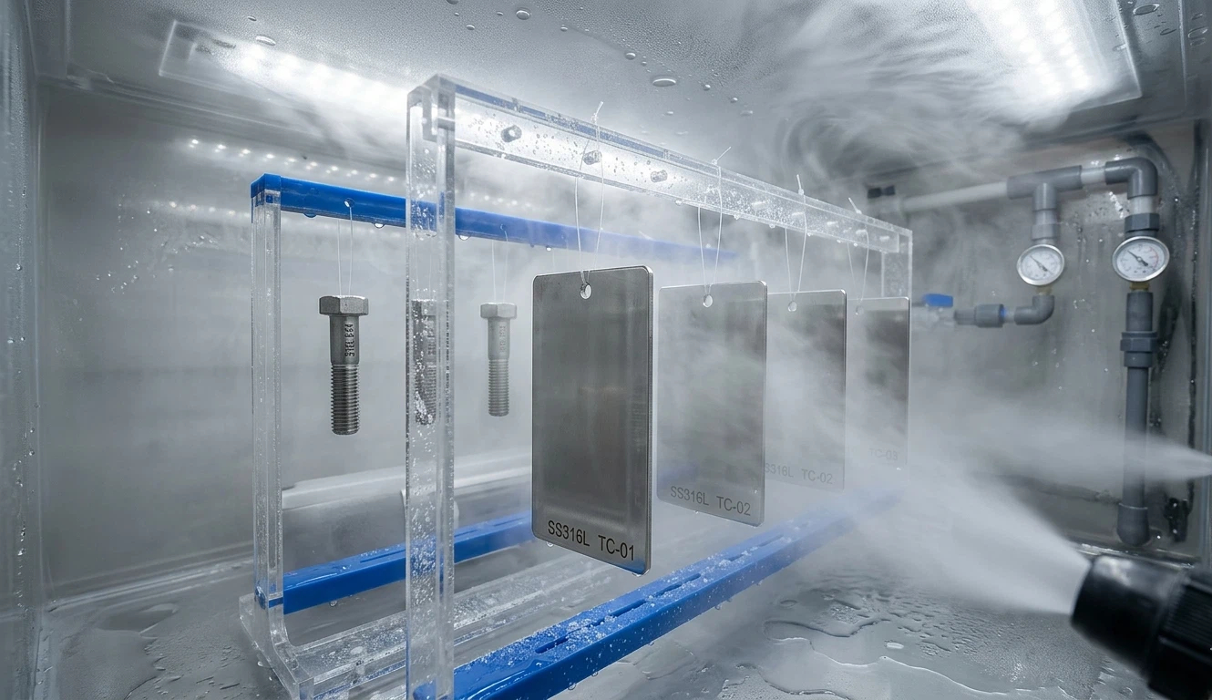 Interior of a salt-spray corrosion test chamber.