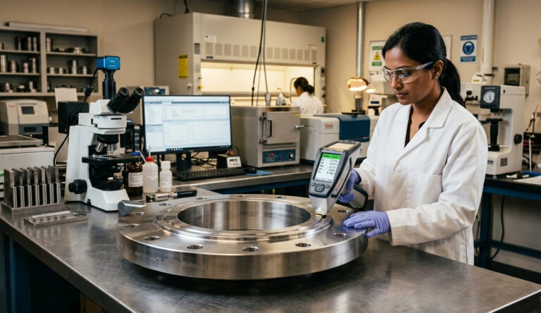 Technician performing SS316L Testing on a large industrial flange using a handheld XRF analyzer in a metallurgical lab to verify 316L grade compliance.