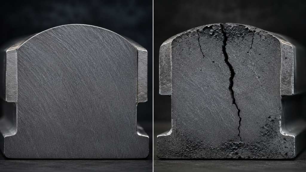 Comparison of normal steel cross section and severe quenching crack after heat treatment