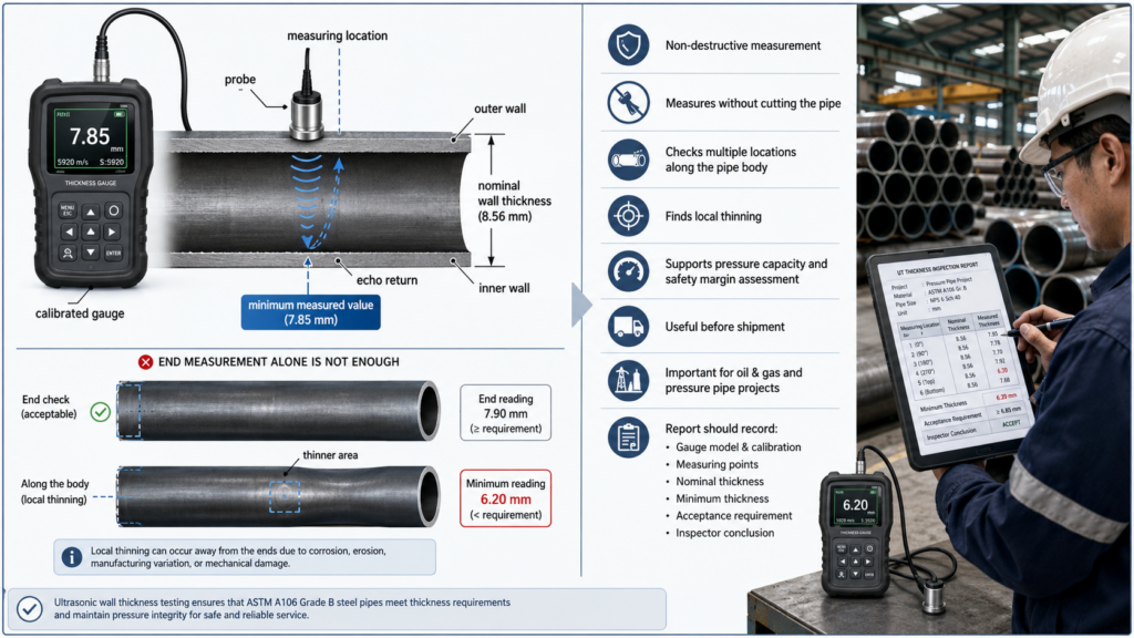 A106 B pipe ultrasonic wall thickness measurement showing local thinning and minimum measured value
