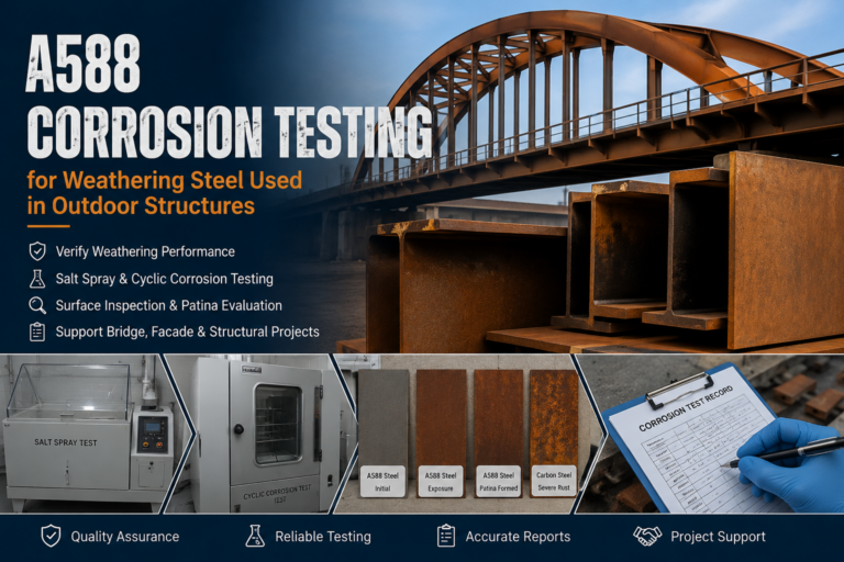 A588 Corrosion Testing cover image showing weathering steel bridge structures, rusted steel samples, salt spray testing, cyclic corrosion testing, patina evaluation, and corrosion test records