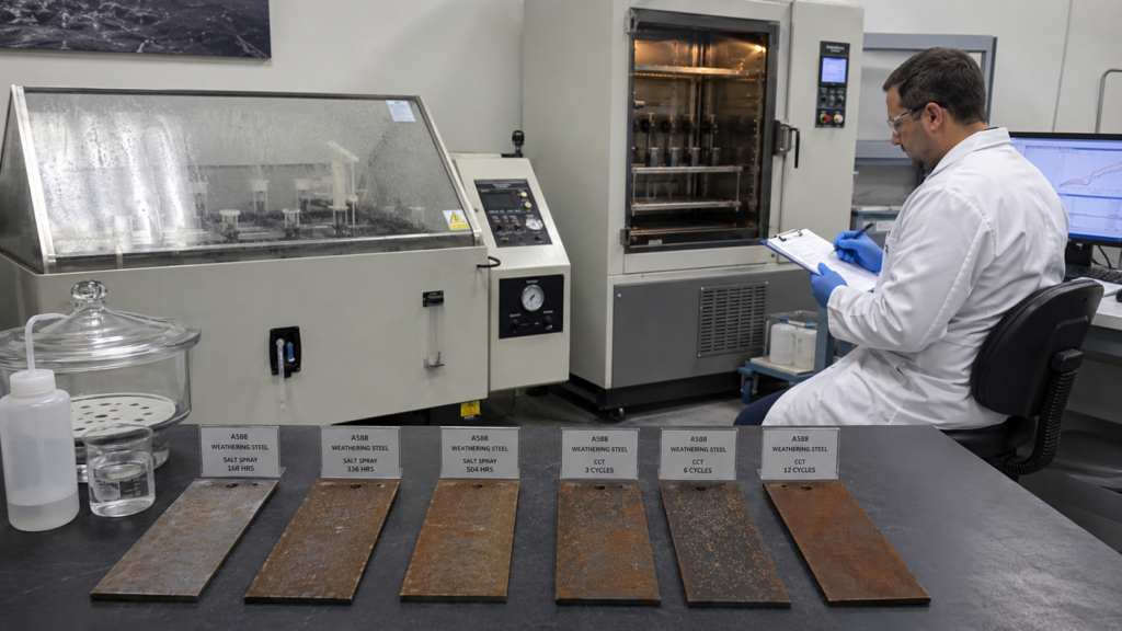 A588 Corrosion Testing laboratory scene showing weathering steel coupons, salt spray chamber, cyclic corrosion test cabinet, and inspector recording corrosion test results