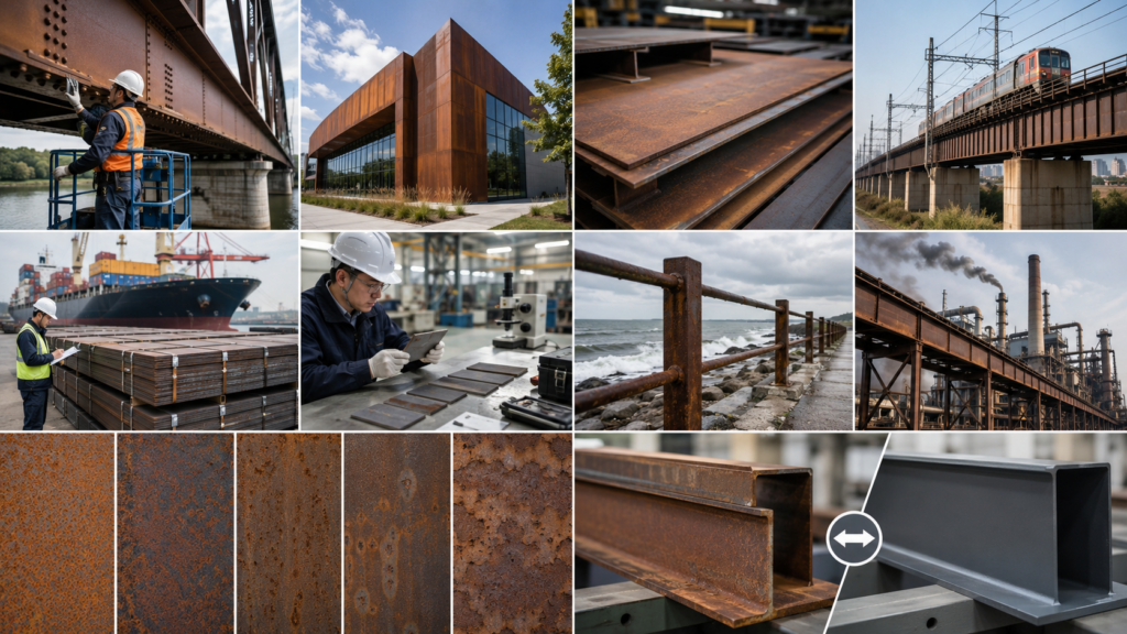 A588 Corrosion Testing application collage showing bridge steel testing, building facade projects, exposed structural plates, railway structures, export shipments, coastal environments, industrial exposure, and patina inspection