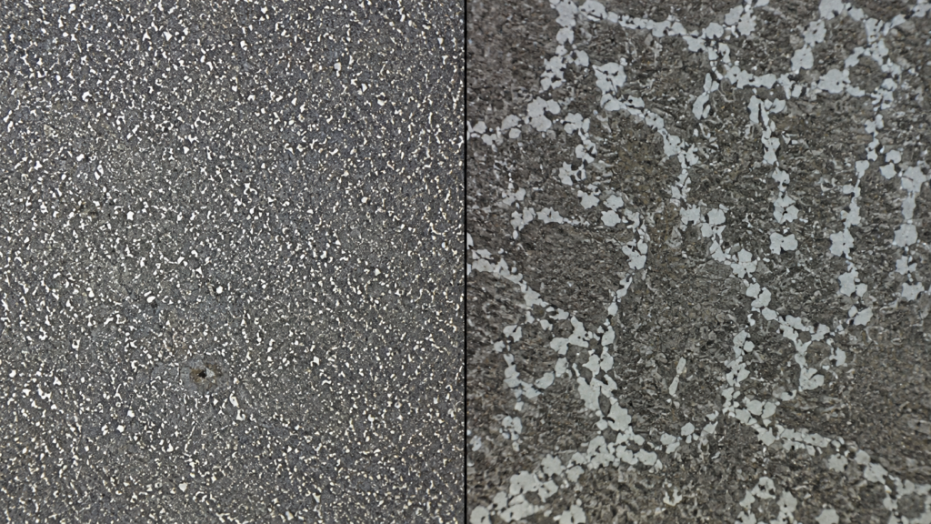 AISI D2 carbide distribution comparison showing fine uniform carbides versus coarse segregated carbide network affecting wear resistance and chipping risk