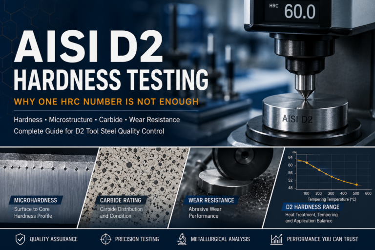 AISI D2 hardness testing cover image showing Rockwell hardness test, microhardness profile, carbide rating, wear resistance testing, and D2 tool steel quality control