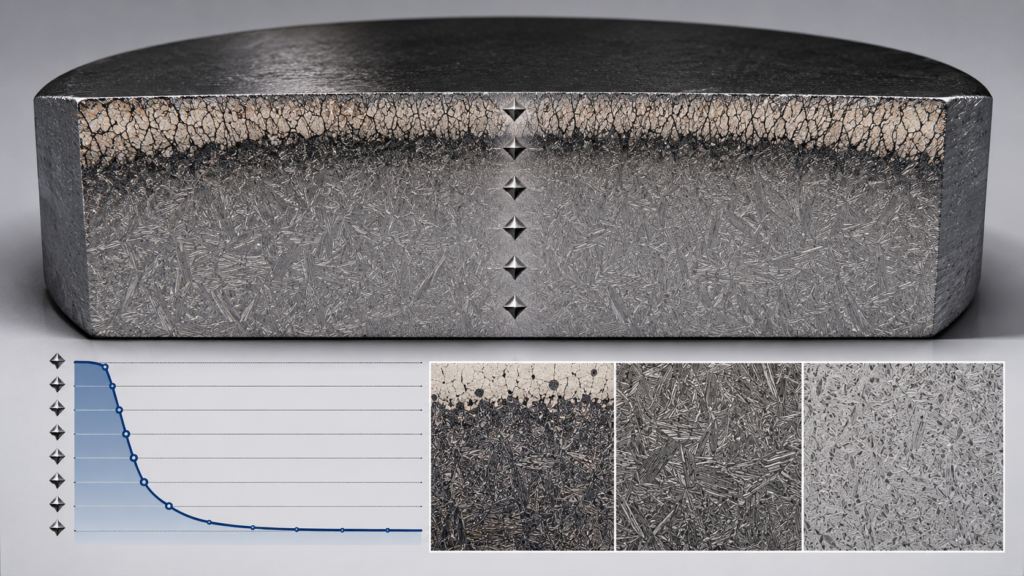 AISI D2 microhardness distribution test showing indentation points from surface to core, hardness profile, decarburized surface risk, and steel microstructure