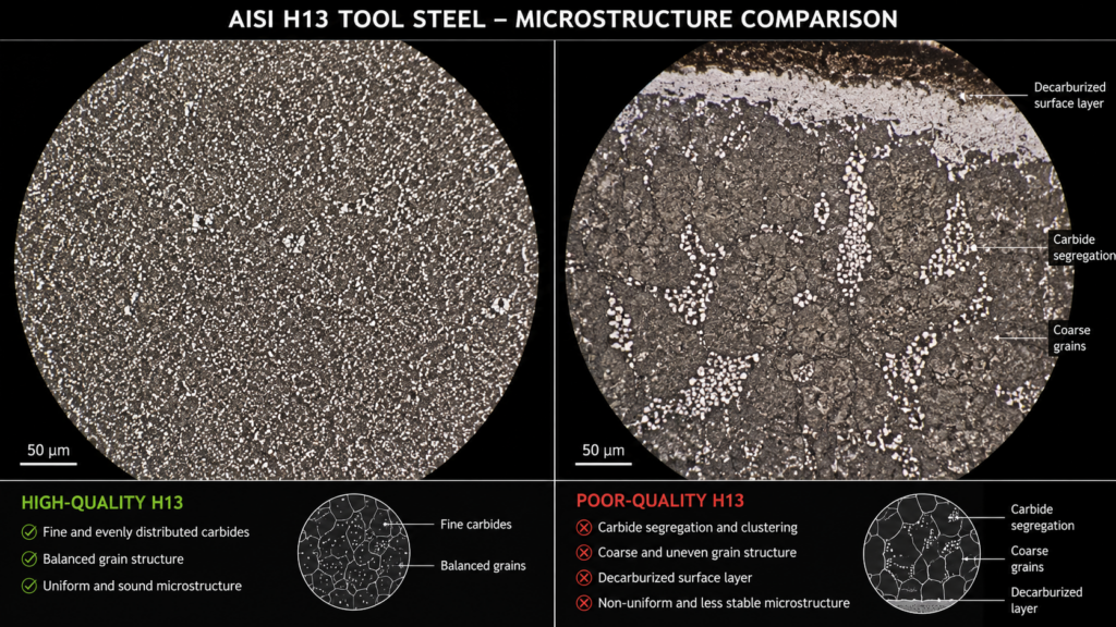 AISI H13 microstructure comparison showing uniform carbide distribution versus carbide segregation, coarse grains, and decarburized surface layer