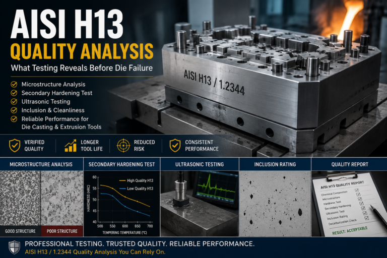 AISI H13 Quality Analysis cover image showing H13 1.2344 die steel block, microstructure analysis, secondary hardening test, ultrasonic testing, inclusion rating, and quality report