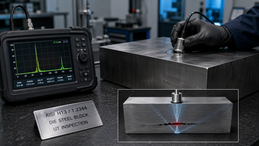 AISI H13 ultrasonic testing for internal defects in a 1.2344 die steel block with probe, waveform screen, and hidden crack indication