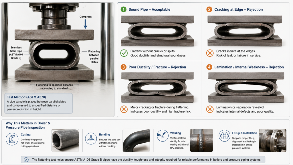 The flattening test helps reveal whether an ASTM A106 Grade B pipe can deform without cracking, poor ductility, lamination, or internal weakness.