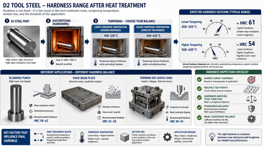D2 tool steel heat treatment hardness range diagram showing austenitizing, tempering temperature, Rockwell hardness balance, wear resistance, and toughness