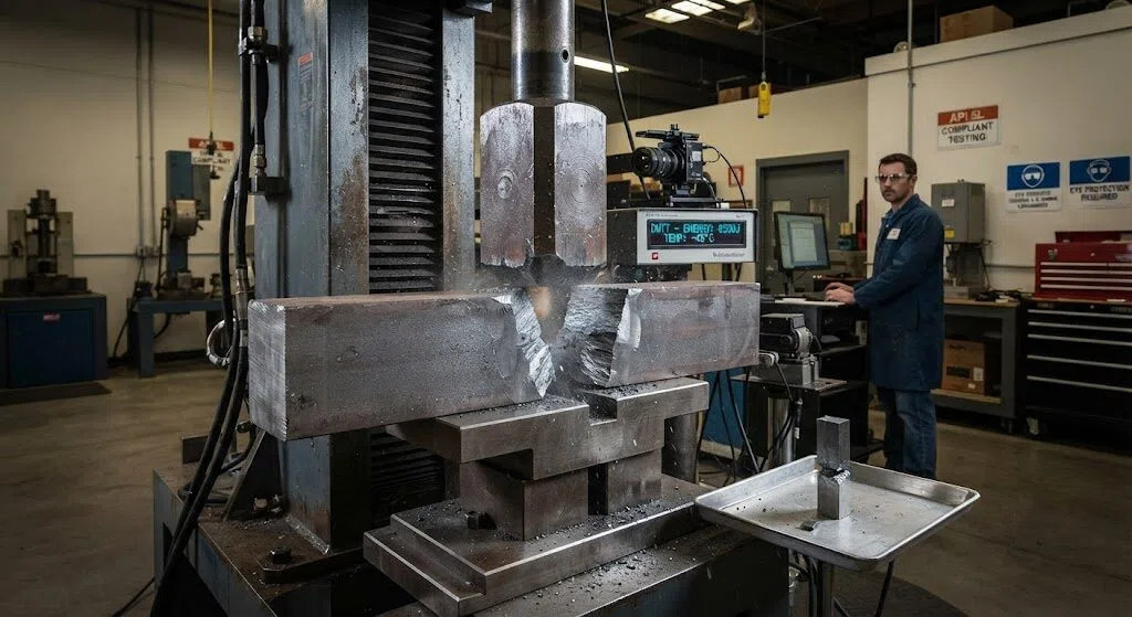 Drop Weight Tear Test (DWTT) for API 5L pipeline steel, showing a large rectangular specimen fracturing under impact to assess fracture appearance and toughness in a materials testing laboratory.