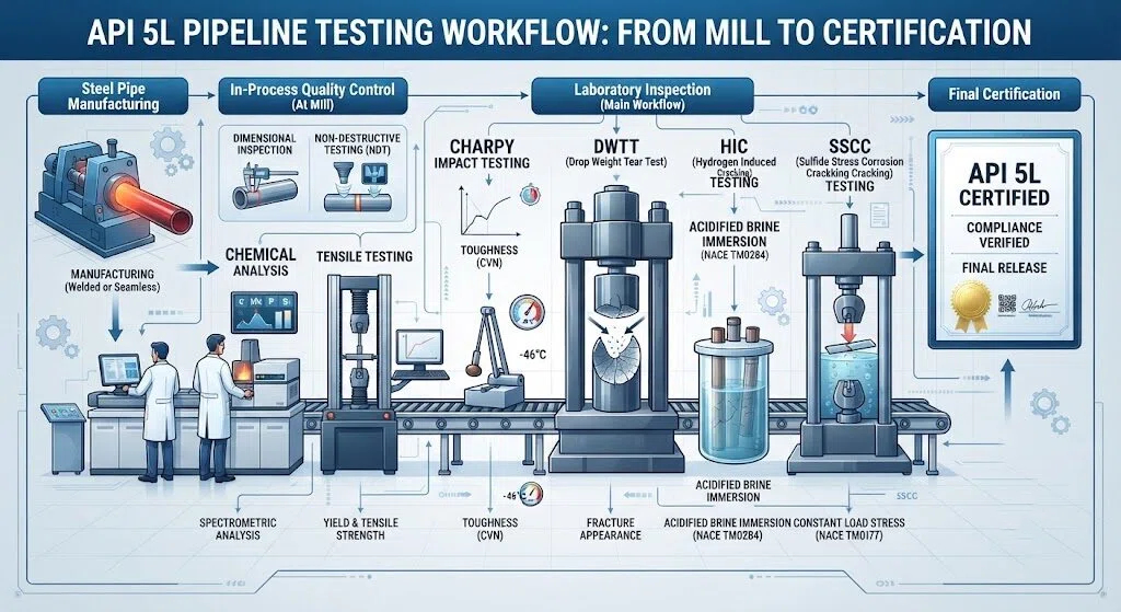 API 5L line pipe testing workflow infographic: from manufacturing to chemical analysis, tensile testing, DWTT, HIC, and SSCC laboratory inspection for certified steel pipes.