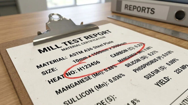 A close-up of an ASTM A36 steel plate Mill Test Report (MTR) on a clipboard, with a red circle highlighting the Heat Number and Carbon content data.