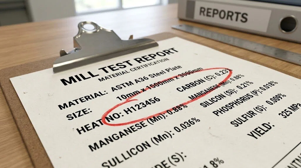 A close-up of an ASTM A36 steel plate Mill Test Report (MTR) on a clipboard, with a red circle highlighting the Heat Number and Carbon content data.