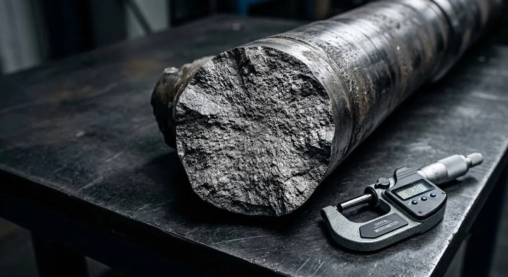 Close-up metallurgical analysis of a fractured AISI 1045 steel drive shaft on an inspection table, showcasing brittle, uneven internal grain structure indicative of inadequate thermal normalization. A digital micrometer is positioned next to the fracture surface for scale.