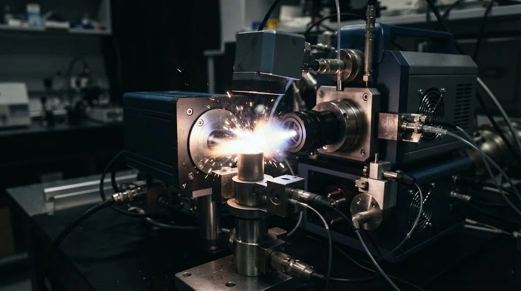 Laboratory industrial spectrometer performing precise chemical composition analysis on a steel sample during quality control.