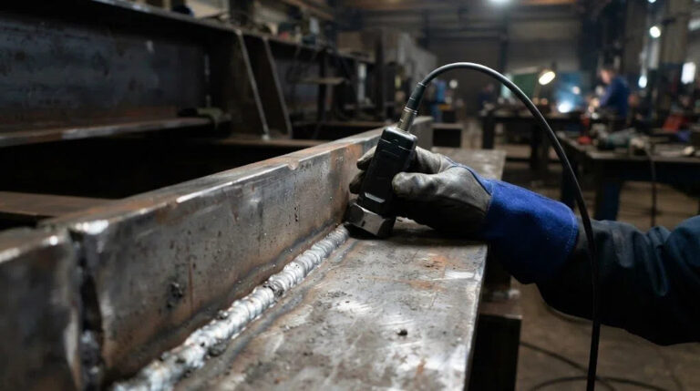 Technician performing ultrasonic testing on a thick steel weld joint in an industrial factory.