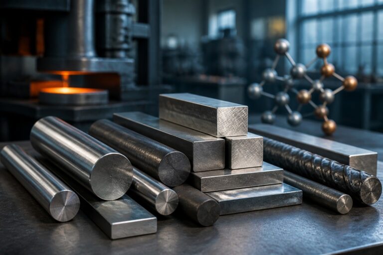 Assorted alloy steel bars and billets in a modern metallurgy workshop