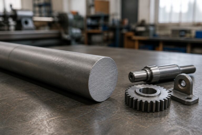 1045 steel round bar with several familiar machined steel parts on a workshop bench