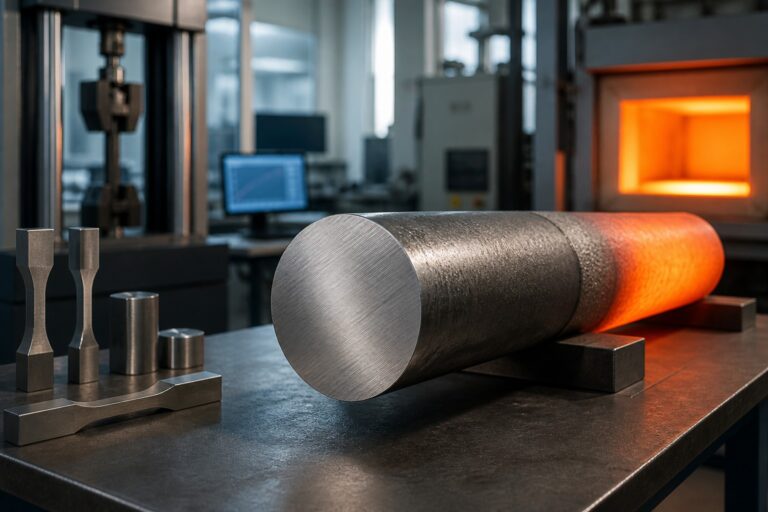 4140 steel bar in a metallurgy lab with heat-treatment and strength-testing context