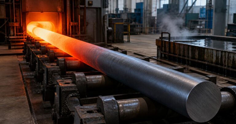 Large 4340 steel bar transitioning from furnace heat to a cooled finished surface