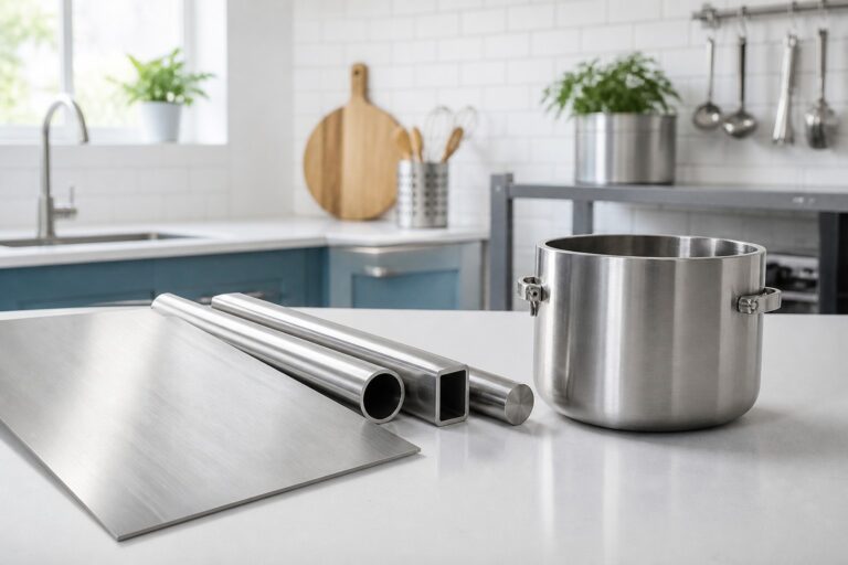 Brushed 304 stainless steel sheet, tubes, and cookware in a bright everyday setting