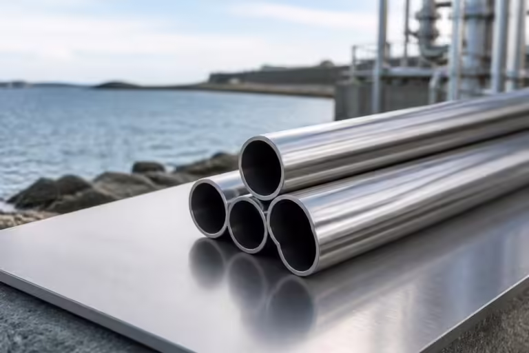 Polished 316 stainless steel tubes and plate beside a coastal industrial setting